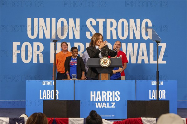 Detroit, Michigan, USA, 2 September 2024, With labor leaders on the stage, Presidential candidate Kamala Harris campaigns at a Labor Day rally, North America