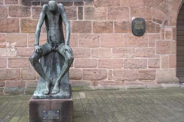 Bronze sculpture of Job, created by the German sculptor Gerhard Marcks in 1957, in front of St Clare's Church, Königstraße 66, Nuremberg, Middle Franconia, Bavaria, Germany, Europe