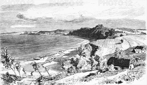 Idyllic landscape around the Bay of Gdansk, Gdansk or Gdansk, Baltic Sea, Poland, fields, coast, beach, farmhouse, historical illustration 1880, Europe