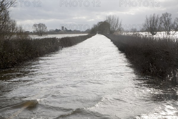 Flooding on the Somerset Levels, England in February 2014, road to Muchelney impassable at Huish Episcopi