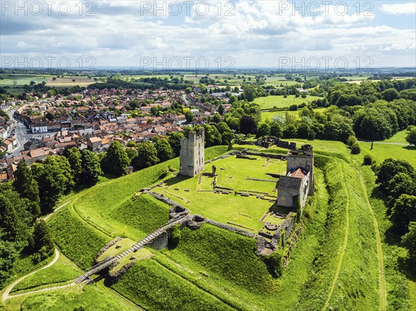 Helmsley Castle from a drone, North York Moors National Park, North Yorkshire, England, United Kingdom, Europe