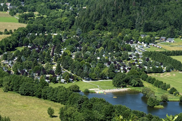 Scenic view of the Chambon Lake campsite in Auvergne Volcanoes Regional Natural Park, Puy-de-Dôme, Auvergne Rhone Alpes, France, Europe