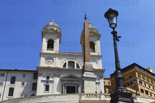 The church Santissima Trinita dei Monti, Santa Trinita dei Monti or Santissima Trinita al Monte Pincio, Most Holy Trinity on Mount Pincio, and the Obelisco Sallustiano, above the Spanish Steps in Rome, Italy, Europe