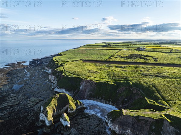 Cliffs over Flamborough Seawatch Observatory from a drone, Flamborough, Yorkshire, England, United Kingdom, Europe