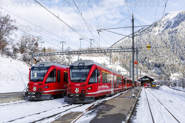 Rhaetian Railway trains on the Albula railway Stadler Rail passenger train at Filisur station, Switzerland, Europe
