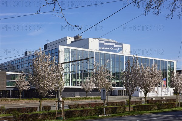 Music theatre in the Ruhr area by architect Werner Ruhnau with blossoming cherry tree (Prunus) in Gelsenkirchen, Ruhr area, independent city, North Rhine-Westphalia, Germany, Europe