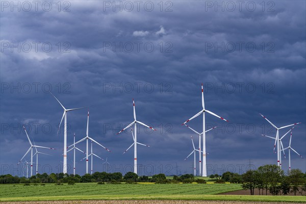 Wind farm east of Geilenkirchen, dark storm clouds, strong wind, North Rhine-Westphalia, Germany, Europe