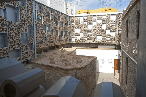 Abstract patterned wall in ceramic tile museum, Centro Ceramica, Triana, Seville, Spain, Europe