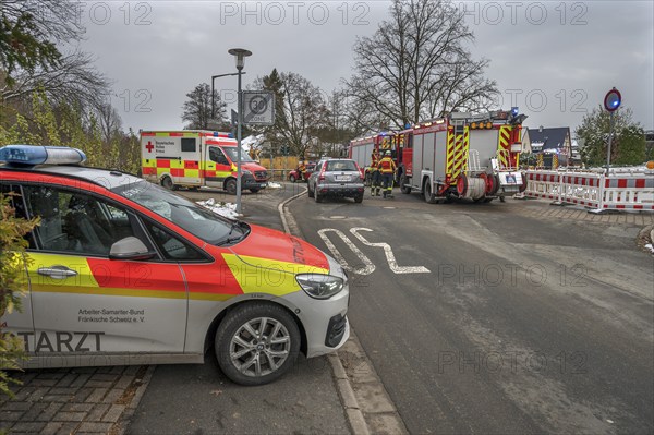 Emergency doctor and fire brigade response to a construction site accident, Bavaria, Germany, Europe