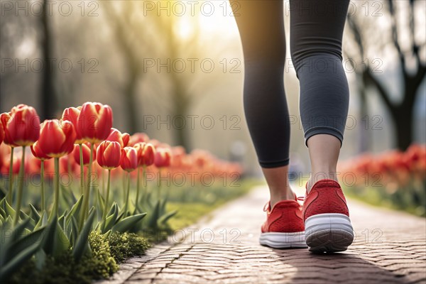 Back view of woman jogging through park with red tulip spring flowers. KI generiert, generiert AI generated