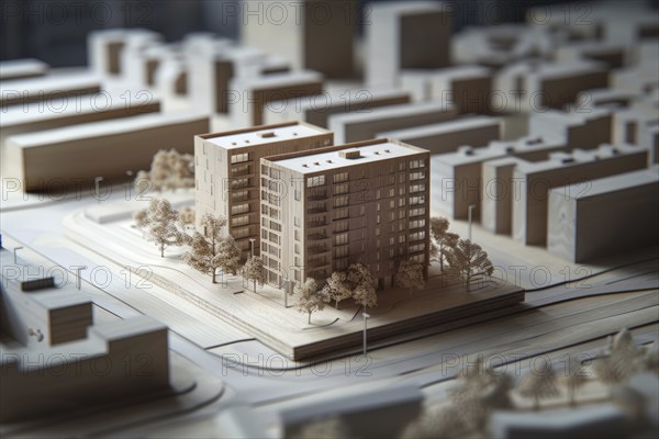 Architectural model made of wood, model making for architecture, design, architectural design of a modern residential neighbourhood, housing estate on a body of water, new construction, modern residential buildings, AI generated, AI generated