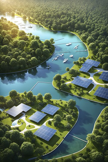 3d rendering of a sustainable engaged waterfront development with floating solar panels, AI generated