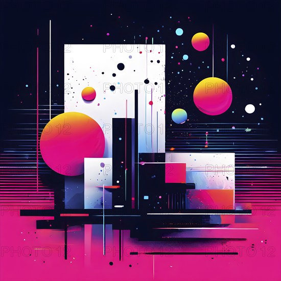 Minimalist illustration featuring abstract shapes in neon colors to convey fun and ease, AI generated