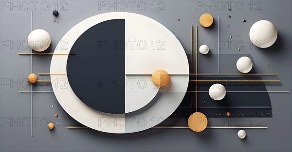 Minimalist composition of overlapping geometric shapes, such as circles, squares, and triangles, with clean lines and muted pastel colors, AI generated