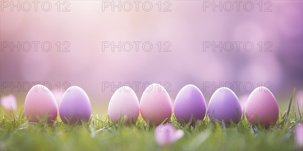 Pastel pink and purple Easter eggs in a row on grass with blurry pink background. KI generiert, generiert AI generated