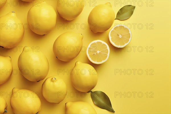 Lemons on yellow background. KI generiert, generiert AI generated