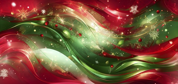 Abstract wallpaper illustration of Christmas symbols for gift cards, swirling shapes and lines, in red green and golden colors, AI generated