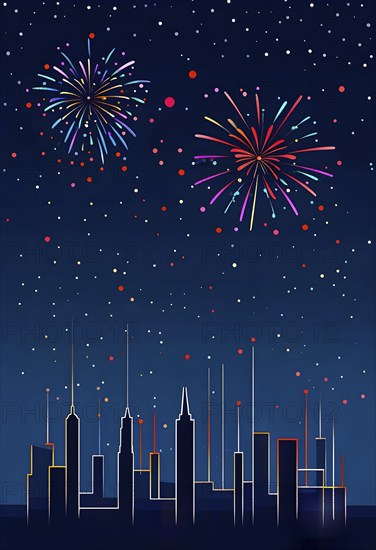 Minimalist, geometric skyline at night, with subtle fireworks in the sky, represented by colorful dots and simple, clean lines, AI generated