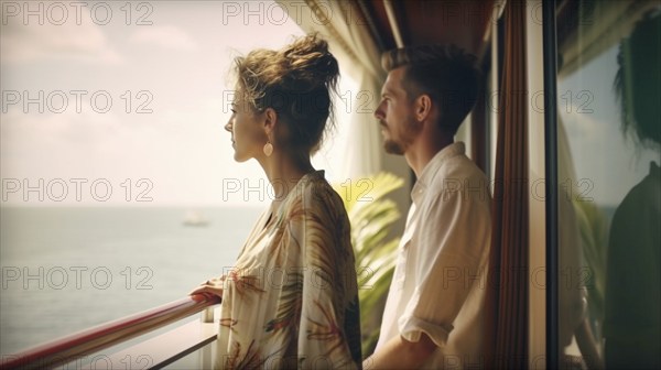 Young adult caucasian couple vacationing on A cruise ship in the tropics, generatvie AI, AI generated