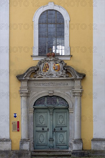 Entrance portal to the monastery church of St Hedwig, 1755, above the alliance coat of arms of the founder Eleonore Philippine Christiana von Hesse-Rotenburg, Sulzbach-Rosenberg, Upper Palatinate, Bavaria, Germany, Europe