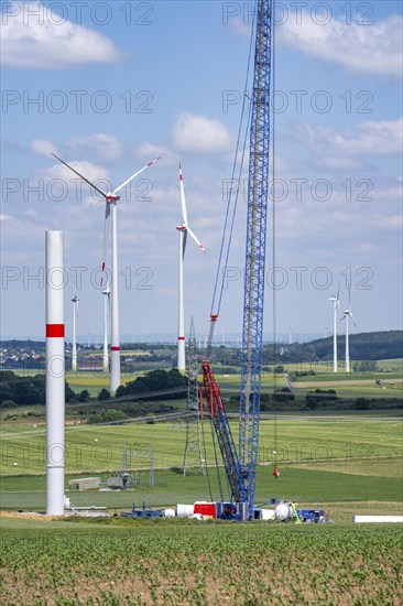 Wind farm near Brilon-Radlinghausen, new wind turbine being built, mobile crane, North Rhine-Westphalia, Germany, Europe
