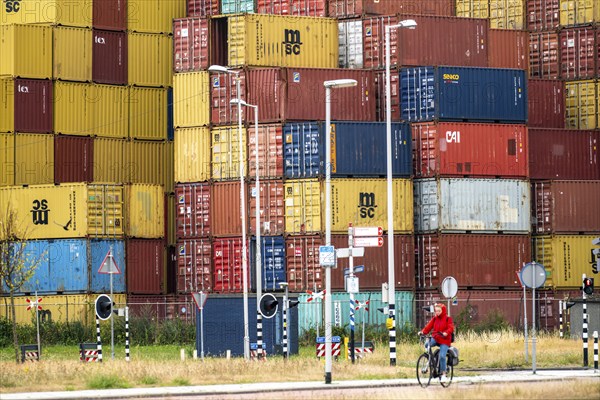 Europoort harbour, Waalhaven area, large container stack, warehouse, at RST Container Terminal, Rotterdam, Netherlands