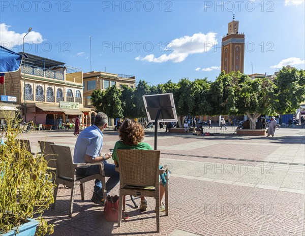 People sitting at cafe in main square, Place al Alouyane, Taroudant, Sous Valley, Morocco, north Africa, Africa
