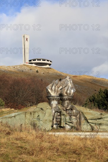 Burning torch sculpture Buzludzha monument former communist party headquarters, Bulgaria, eastern Europe, Europe