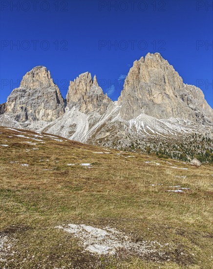 Wide meadow landscape in front of an impressive mountain backdrop on the Sella Pass under a clear sky, South Tyrol, Italy, Europe