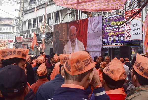 People watch live broadcast of the consecration ceremony of the Ram temple, in New Delhi, India on 23 January 2024