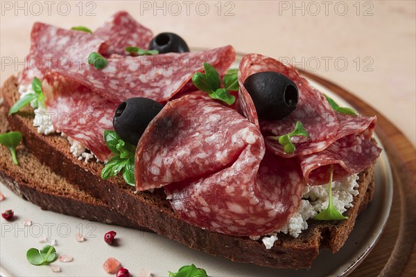 Sandwich, grain bread, with cream cheese and salami, black olives, micro-greens, top view, close-up, no people, Breakfast