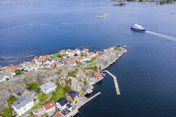 Aerial view of island Kragerø, traditional village at the southern norwegian coast, typical white wooden houses at the waterfront, Norway, Europe