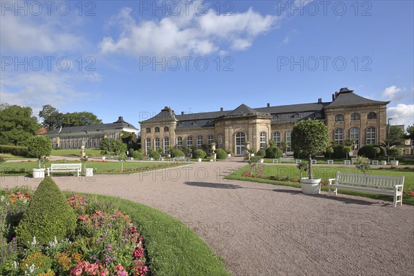 Baroque orangery, castle park, English garden, baroque garden, park bench, empty, flower bed, Gotha, Thuringia, Germany, Europe