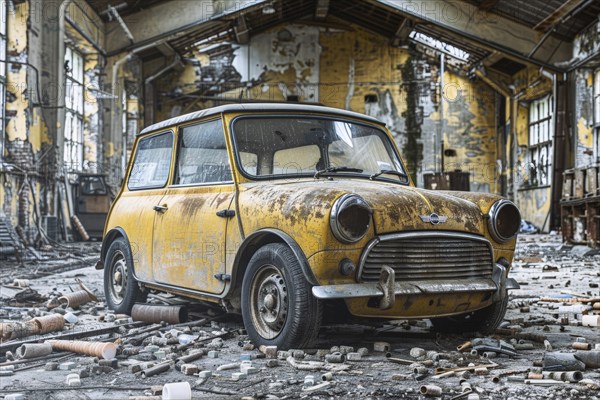 An old, weathered and dusty British vintage car, wreck, of the Mini Cooper type from the 1960s stands in an old factory hall, symbolic image for restoration, repair, restoration of historical cultural assets, AI generated, AI generated, AI generated