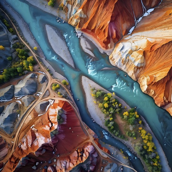 Aerial view perpendicular top down of an abstract colorful river along the coastline, AI generated