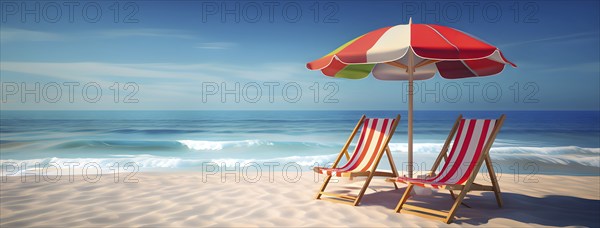 Three dimensional render of deck chair and beach umbrellas on deserted beach in summer, AI generated