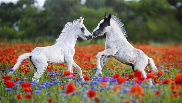 AI generated, Two young foals playing in a flower meadow, Studio, AI generated