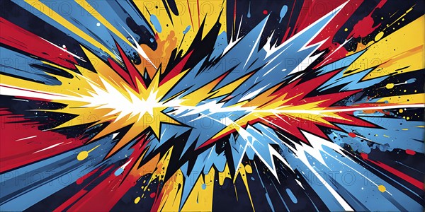 Abstract pop art comic illustration in vibrant colors with thunderbolt crackling across the canvas, AI generated