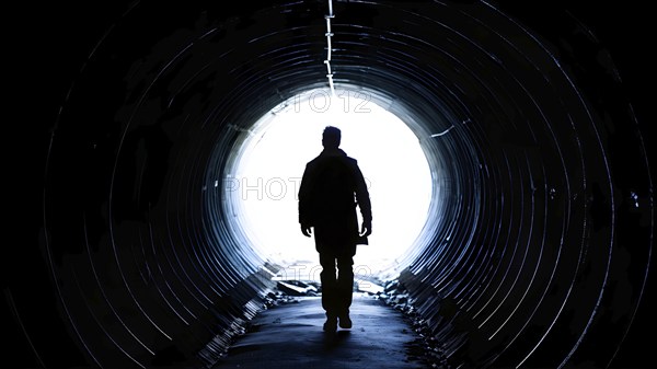 Silhouette of a man at a tunnels entrance with a stark contrast, AI generated