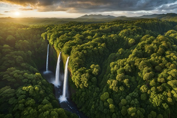 Aerial view of verdant green rainforest with waterfall and beautyful sunrise at the horizon, AI generated