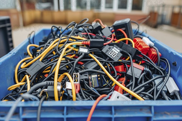 A container filled with electronic waste and cables, data cables, power cables, symbolic image for cable recycling and material cycle, AI generated, AI generated, AI generated