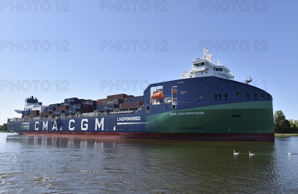 Container ship CMA CGM Ermitage sailing in the Kiel Canal, Kiel Canal, Schleswig-Holstein, Germany, Europe