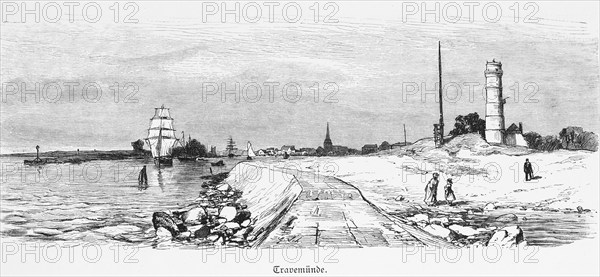 Lighthouse in the Travemünde district, Hanseatic city of Lübeck, Trave, city skyline, riverside path, sailing ship, sails set Schleswig-Holstein, Germany, historical illustration 1880, Europe