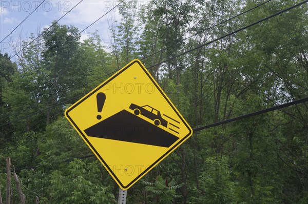Yellow warning sign with a car driving on a slippery slope surrounded by trees, Quebec, Canada, North America