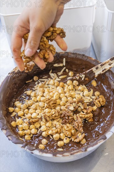 Hand adds walnuts and other nuts to a chocolate, Burch Schokolade production, Haselstaller Hof, Gechingen, Germany, Europe