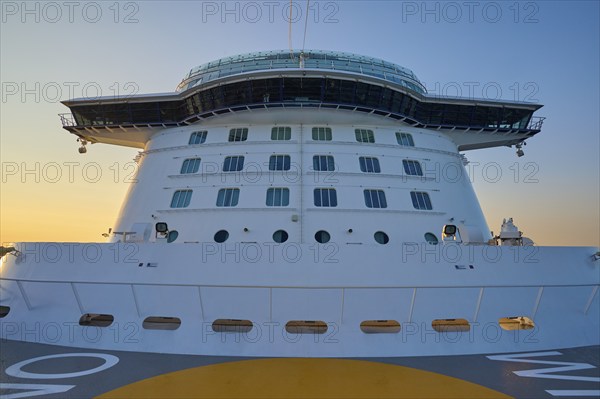 Cruise ship Mein Schiff 6, view from the hump to the bridge, at sunrise, North Sea, Denmark, Europe