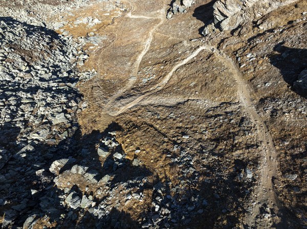 Hiking trails, bird's eye view, drone shot, Vallon d'Arbi, La Tzoumaz, Riddes, Valais, Switzerland, Europe