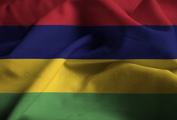 Closeup of Ruffled Mauritius Flag, Mauritius Flag Blowing in Wind