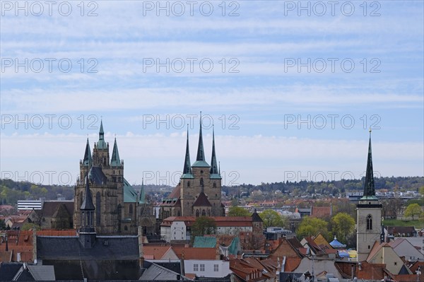 View over Erfurt with cathedral, St Severi and Kaufmannskirche in spring. Erfurt, Thuringia, Germany, Europe