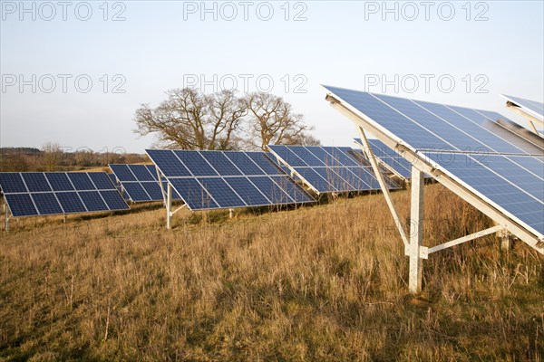 Solar array of photovoltaic panels in countryside at Bromeswell, Suffolk, England, United Kingdom, Europe